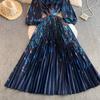 Spring Autumn Women Print Flower Runway Dresses V-neck Big Swing Long Maxi Pleated Holiday Party Dress With Belt