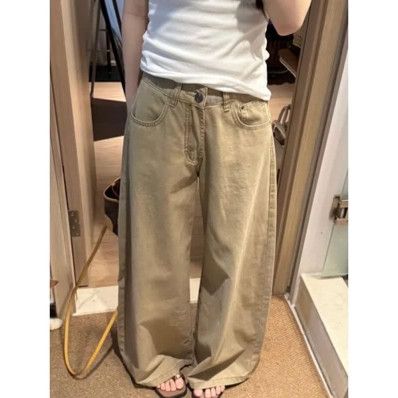 Zuose Women s High-Waist Washed Khaki Loose-Fit Jeans XS