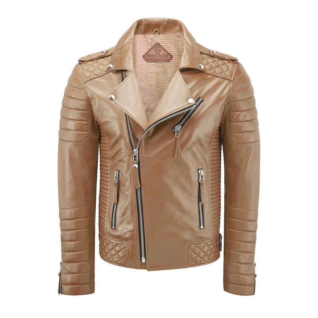 SKINOUTFIT Men's Motorcycle Leather Jacket Genuine Camel Beige Lambskin Café Racer Biker Outerwear
