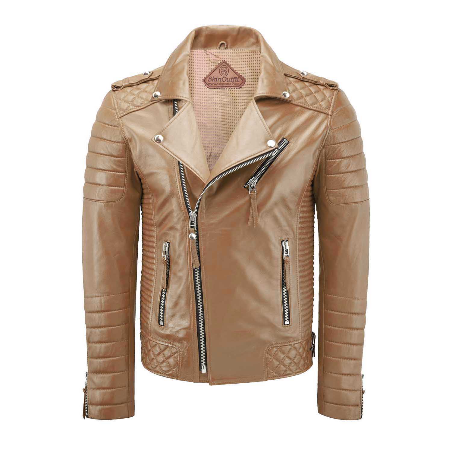 

SKINOUTFIT Men s Motorcycle Leather Jacket Genuine Camel Beige Lambskin Café Racer Biker Outerwear XL бежевий