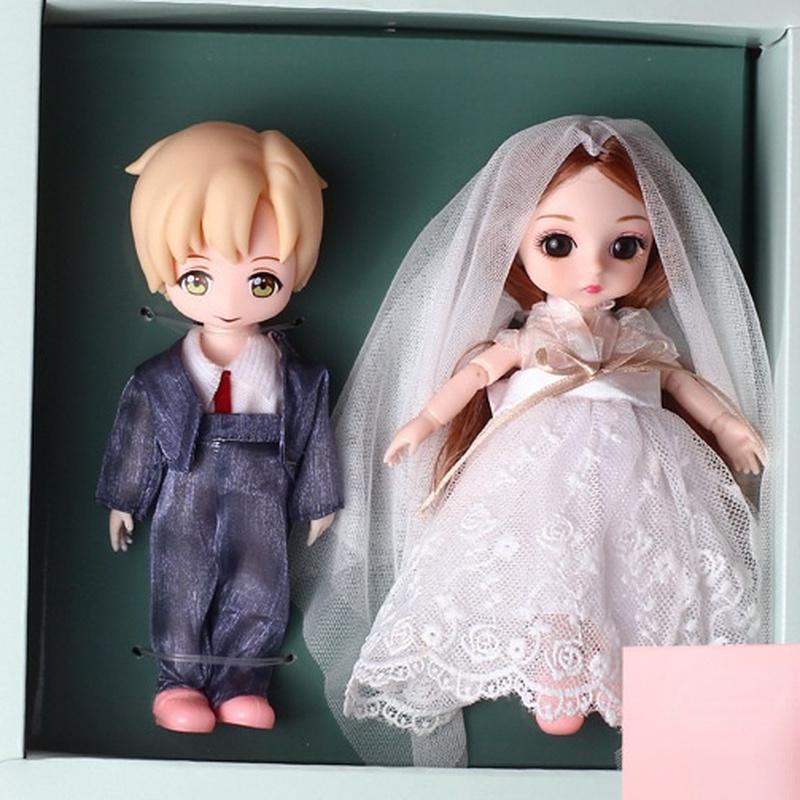

Мини-подвижная пара свадебных кукол, 16 см, игрушка для девочек, 3D большие глаза, BJD, наряды принцессы, платья, коллекция кукол, подарок