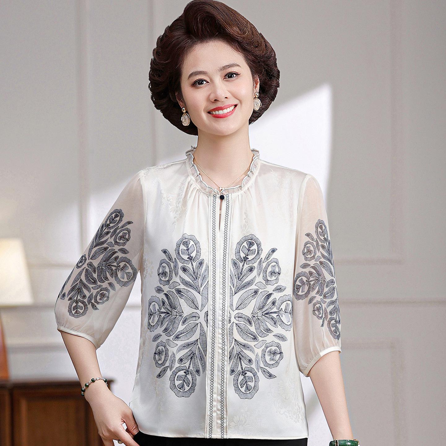 

Women s Retro Summer Silk T-Shirt with Loose Half-High Collar and 7-Sleeve Design 5XL (150-165 jin) білий