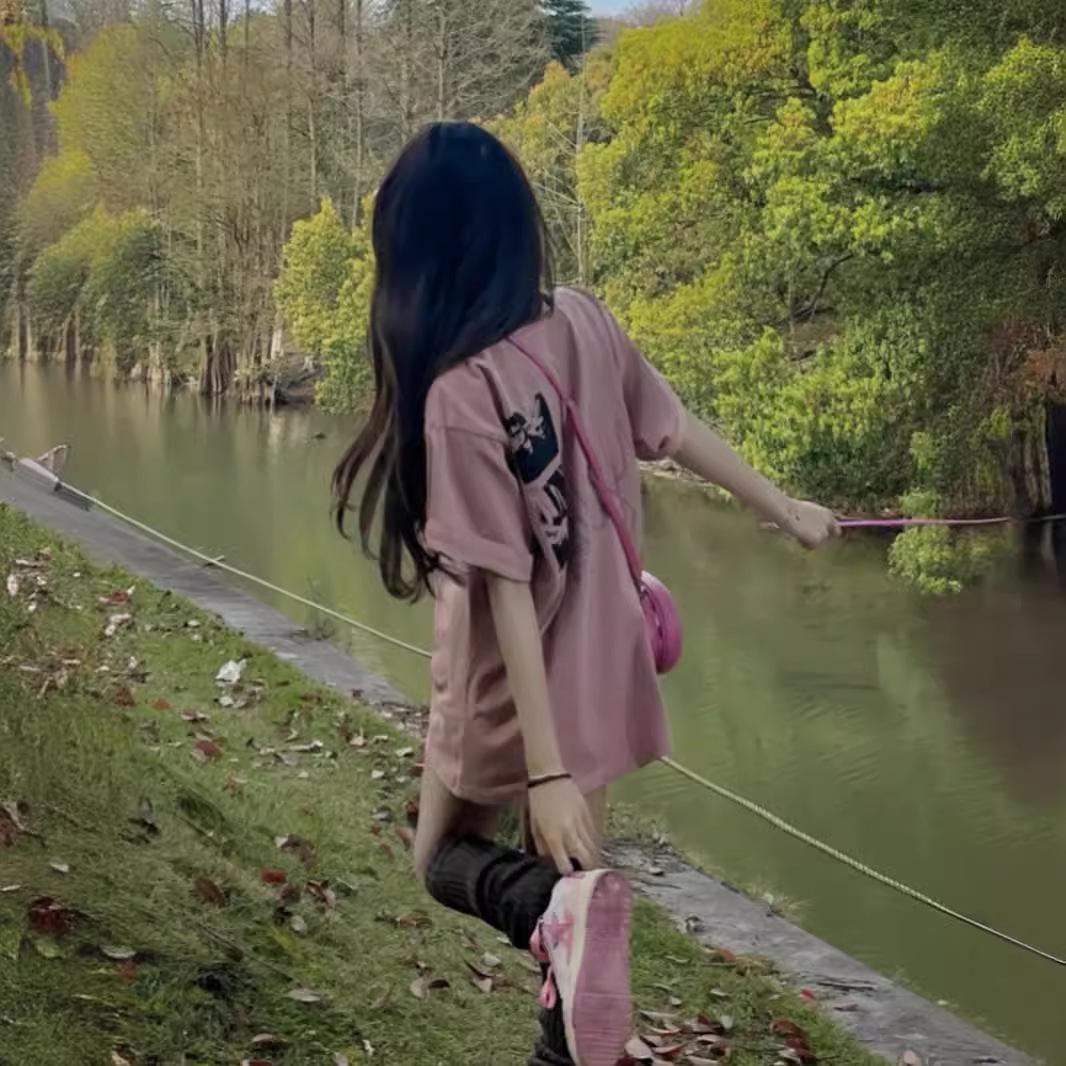 

Женская футболка больших размеров из чистого хлопка розового цвета с коротким рукавом - Летняя модель свободного кроя с эффектом похудения M (Suggest 80-100 jin) розовый