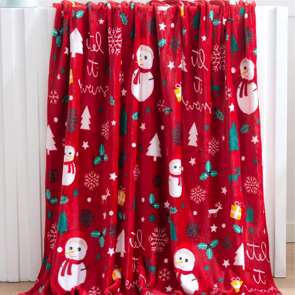 2025 Flannel Throw Blanket Wine Red Blanket Reindeer Christmas Blanket Holiday Gift Sofa Blanket