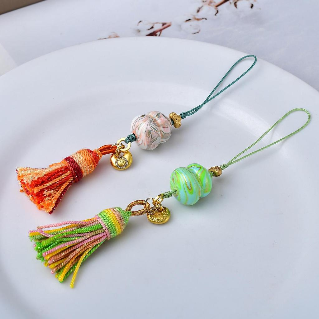 Chinese Ink Wash Lacquer Gourd Tassel Pendant Hand-woven Phone Lanyard with Song Brocade Bag Charm – Intangible Cultural Heritage