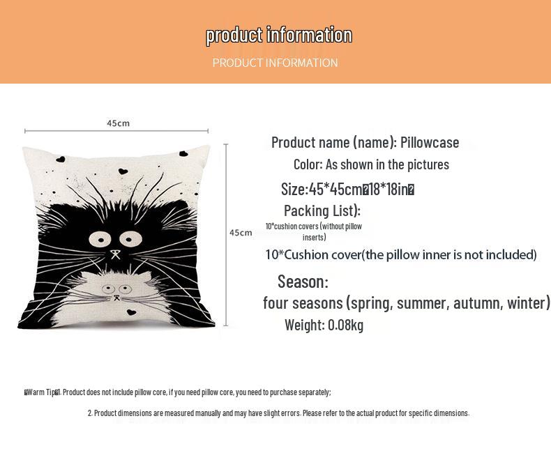 European Linen Cat Print Sofa Pillow Cover