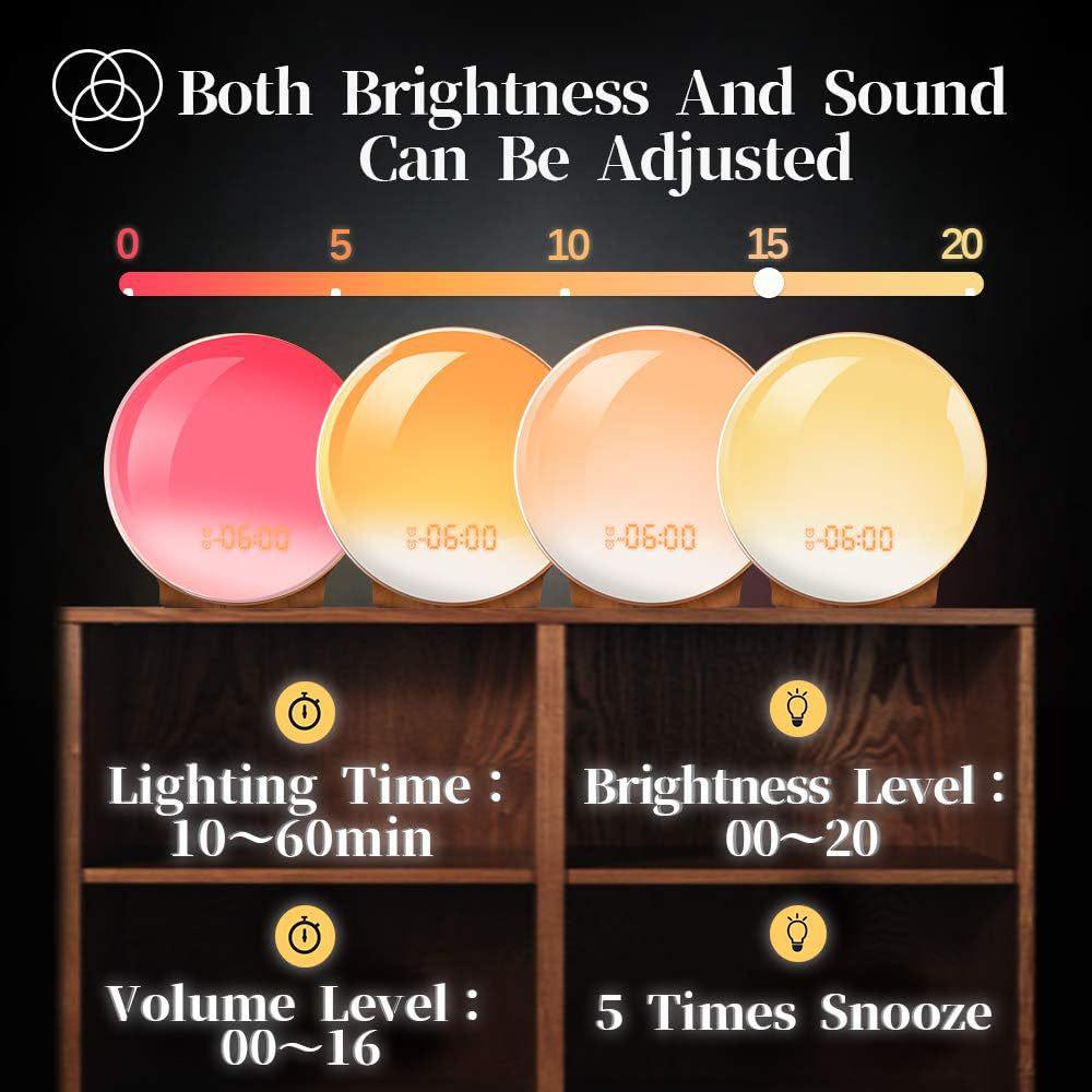 Wake-Up Light Alarm Clock with LED Sunrise/Sunset Simulation, FM Radio, and Colorful Night Lamp