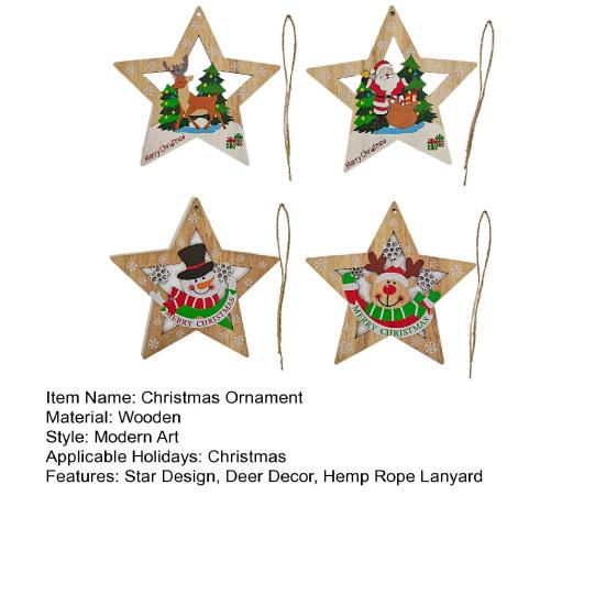 1/4Pcs Christmas Ornament Wooden Star-Shaped Pendant Set with Reindeer Santa Snowman