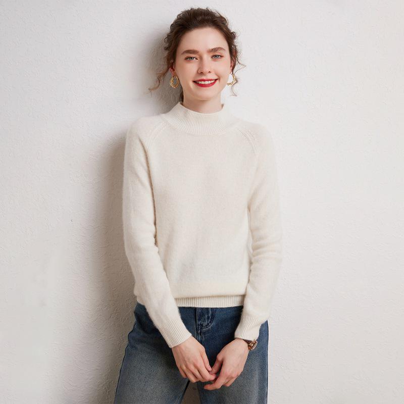 Women's 100% Pure Cashmere Sweater - Autumn/Winter Thick Half-High Collar Knit Base Layer, Loose Slimming Short Style