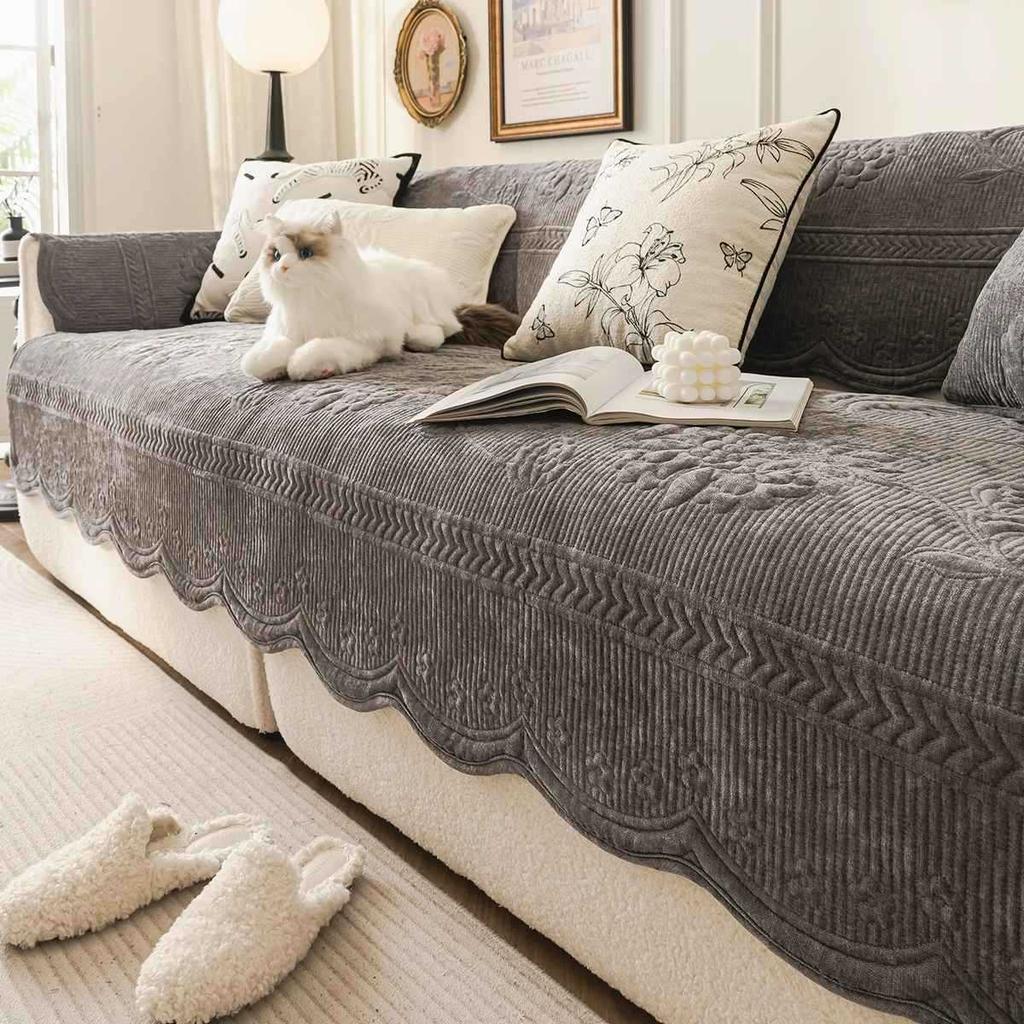 Solid color chenille sofa cushion, high-end sense, universal in all seasons, anti-cat scratch and non-slip, new straight row sofa, seat cushion cover