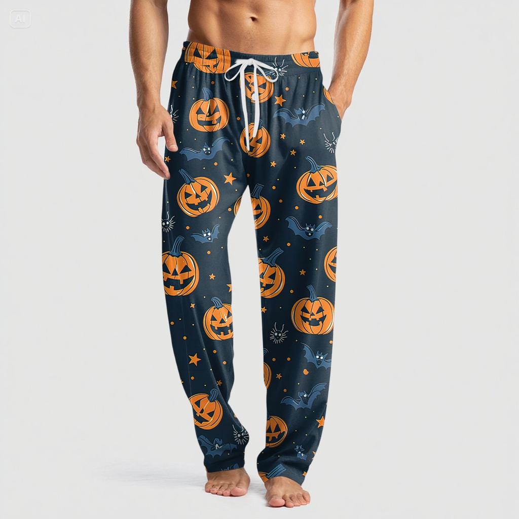 Pánské pletené ležérní kalhoty s kapsami a halloweenským potiskem, pyžamové kalhoty
