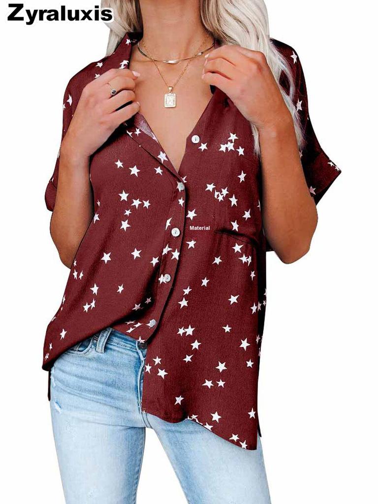 Summer Women's Clothing New Star Printed V-Neck Ruffled Batwing Short Sleeve
