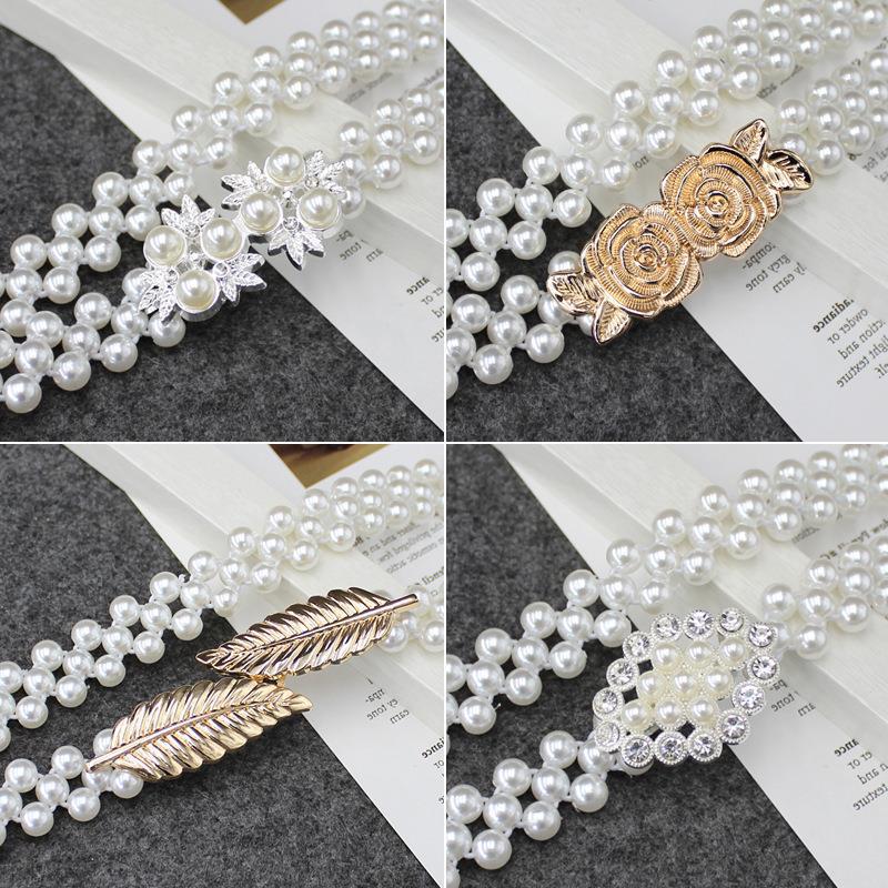 Korean Version of Women's Rhinestone Pearl Waist Chain Fashion Dress Decorative Elastic Waist Belt Women's Sweet Flower Elastic Waist Seal