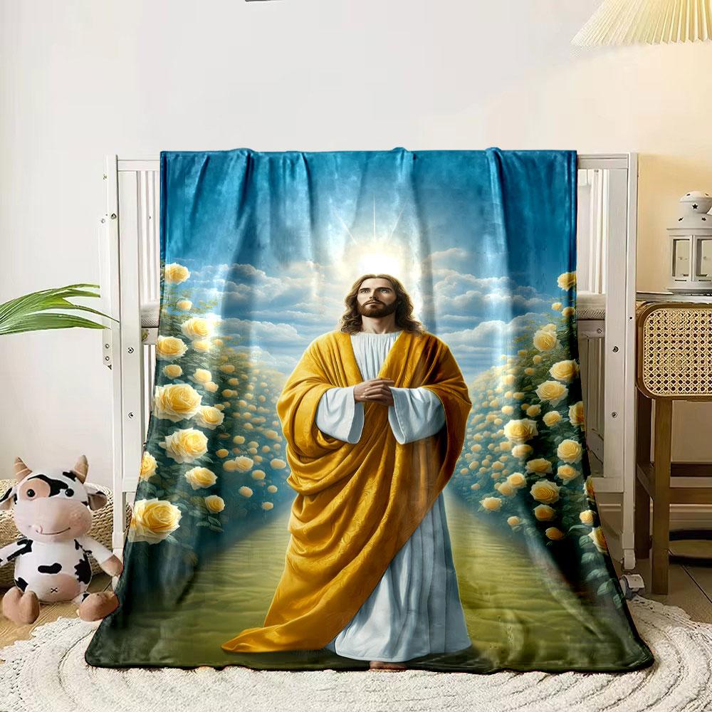 Jesus Yellow Roses Path Blanket  Printed Blanket for Living Room Bed Couch lunch break Soft Cozy Blanket for Friend's festival Gift