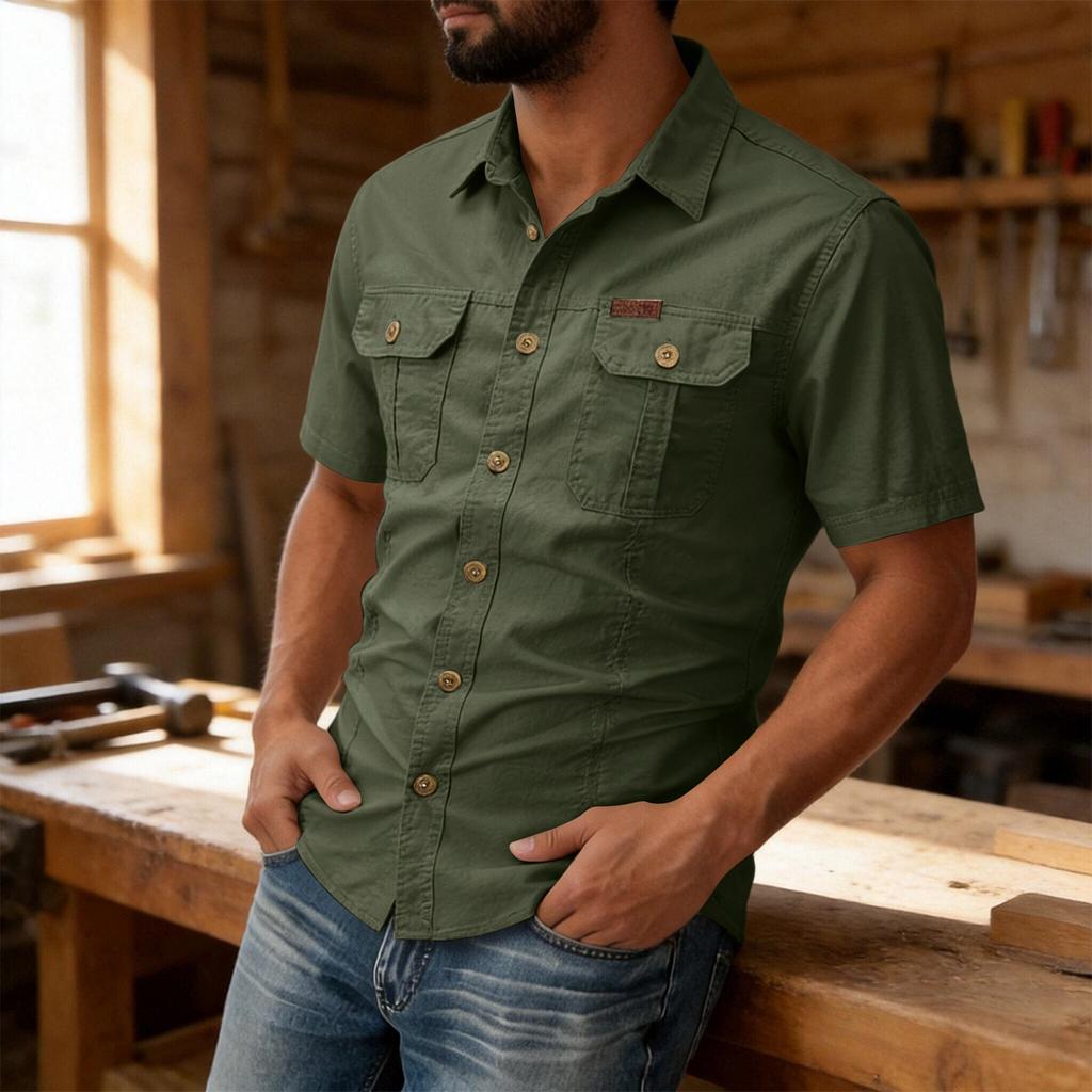 Men's Short Sleeve Button Down Shirt Collar Loose Fit Work Shirt with Pockets Color Casual Everyday Wear