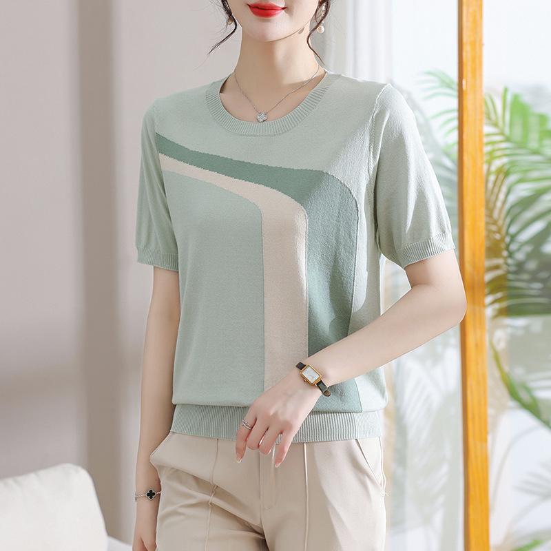 

Young Mother s Stylish Ice Silk Knit Short Sleeve T-Shirt 120 серый/зелёный