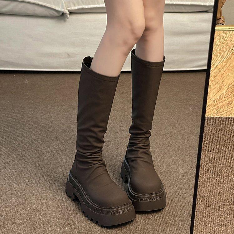 thick-soled muffin but knee boots women's autumn and winter new fashion pleated stacking boots tall elastic thin boots