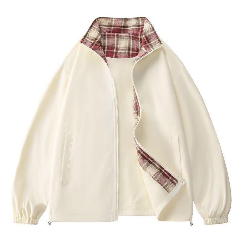 Men's Color-Block Plaid Stand-Up Collar Sports Jacket - Spring/Autumn Loose Casual Windproof Outerwear, Hong Kong Style.