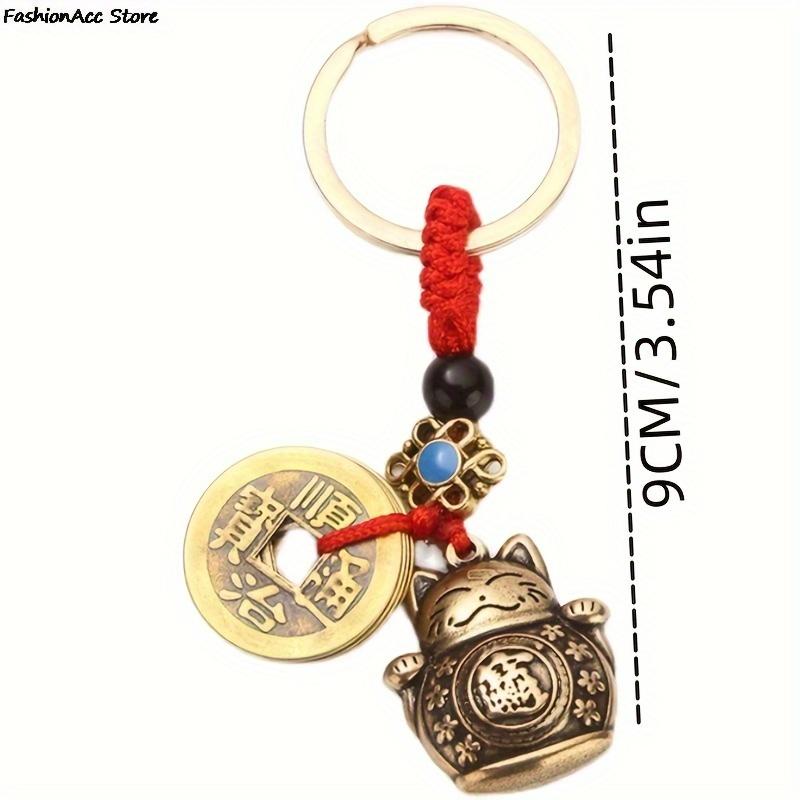 Lucky Cat Five Emperors Coin Brass Keychain Pendant Cute Animal Handmade Jewelry