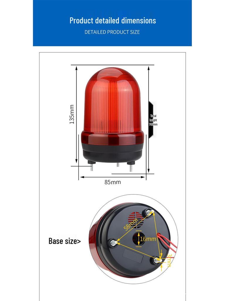 LED Rotating Alarm Light with Sound, Mechanical Equipment Warning, 220V/24V/12V, Outdoor Use