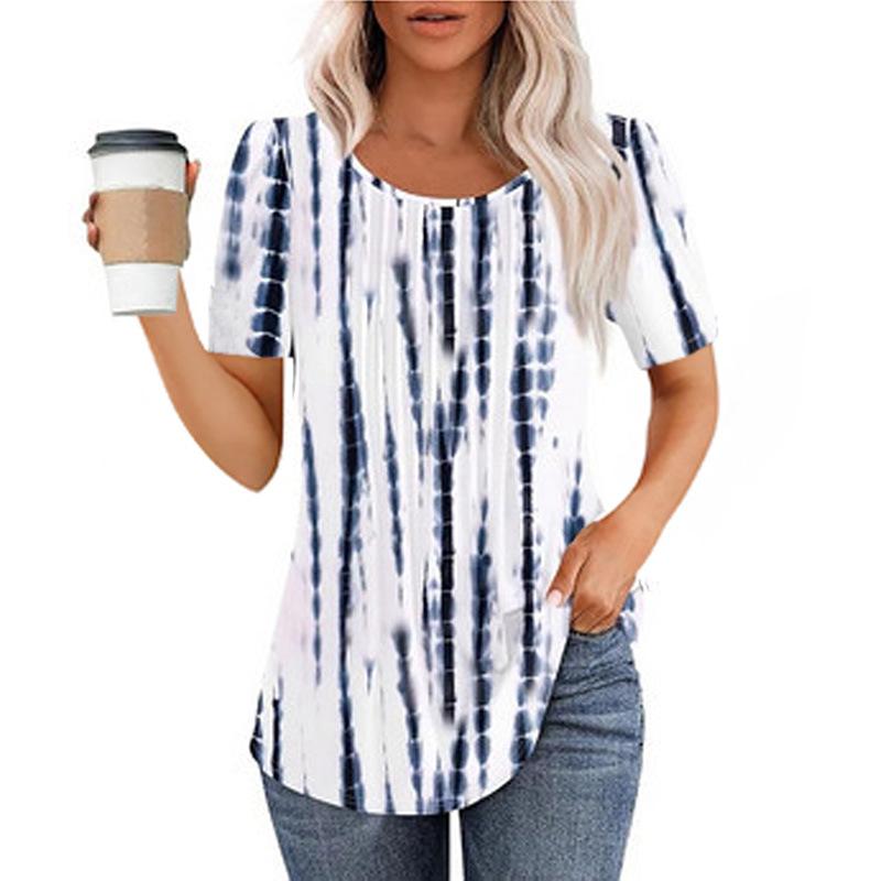 European And American Women's Tops New Style Pleated Round Neck Short-sleeved T-shirt Women's Shirt