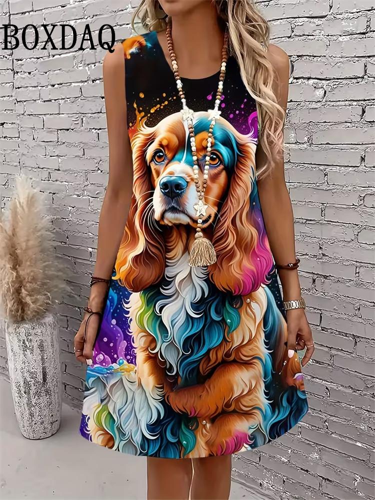 2026 Women's Dress Summer Fashion Abstract Cat Pattern Sleeveless Dress Loose Sundress Casual Graffiti 3D Print Plus Size Dress