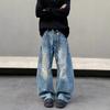 American Retro Dirty Wash Embroidery Dye Old Ripped Jeans Men's Loose Straight Trendy Brand Ruffian Handsome Wide-leg Scimitar Pants