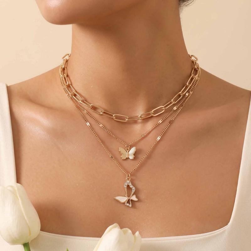 Elegant Three-Layer Butterfly Necklace for Women - High-End Retro Cold Style Hollow Clavicle Chain