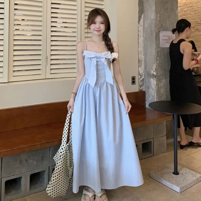 Summer French Pure Desire Gentle Wind Milk Sweet Blue Bow Suspender Dress Cold Department Unique Chic Skirt