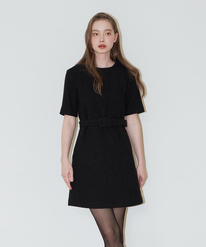 VEM.VER Belted Half Sleeve Tweed Dress_Black