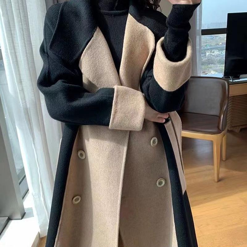 Women's Black Faux Woolen Color-Blocked Patchwork Coat - Hepburn Style, Petite, High-End Korean Design for Autumn/Winter