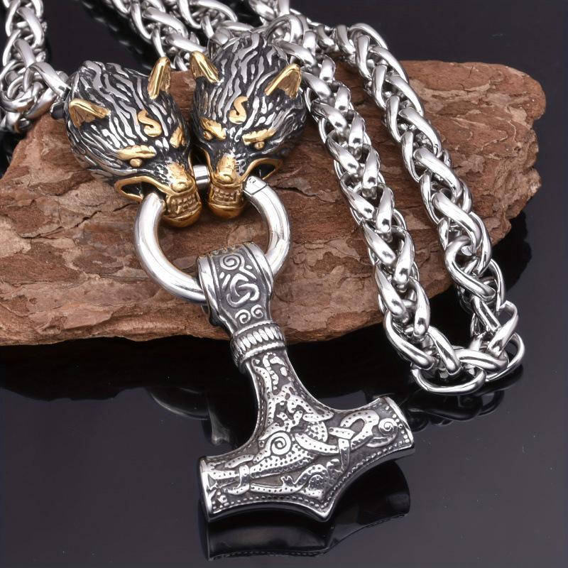 

Nordic Rune Hammer Pendant Necklace with Wolf Head - Retro European & American Style Men s Jewelry