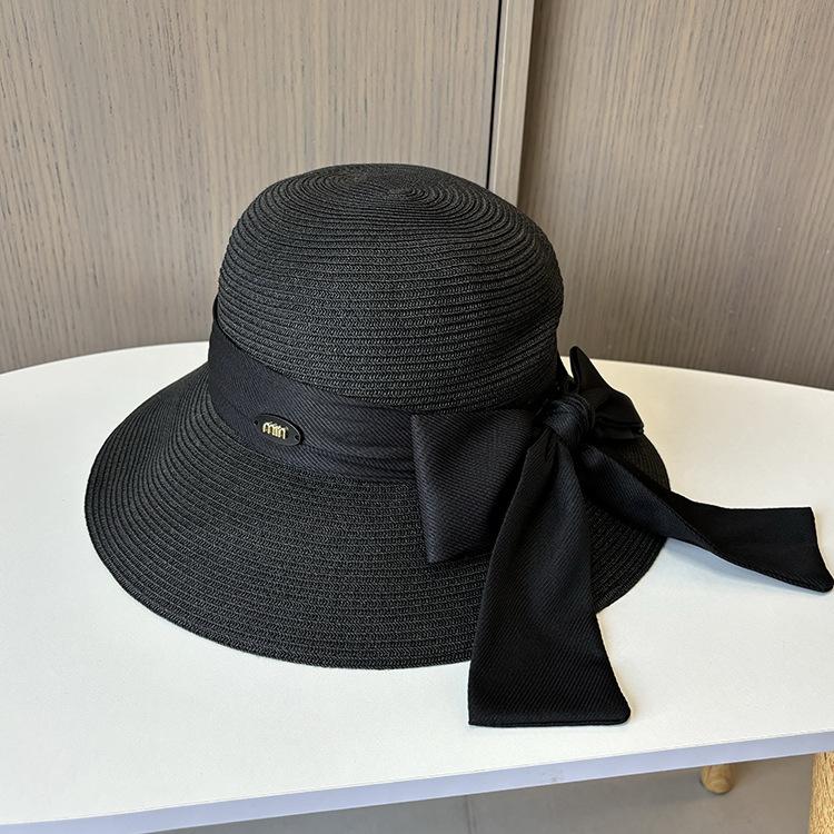

Летняя складная соломенная шляпа с большим карнизом, солнцезащитная шляпа-ведро с бантом и защитой от ультрафиолета M（56-58cm） чёрный