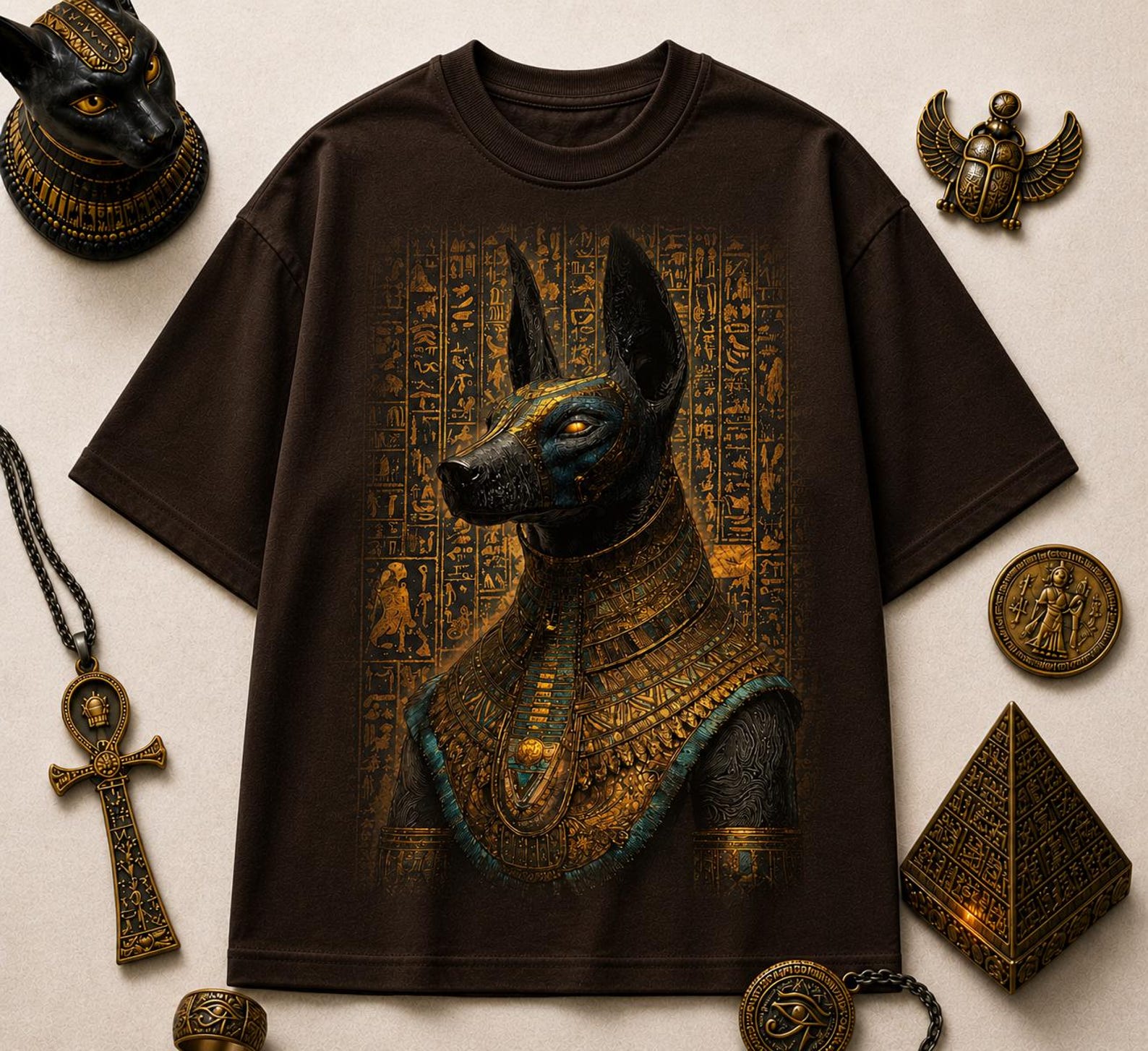 Anubis God T-Shirt – Egyptian Guardian Gold Luxury Graphic Tee S