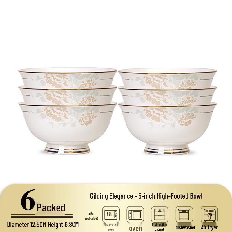 Elegant Gold Rim Ceramic Anti-Scald High-Foot Rice Bowls - Set of 6