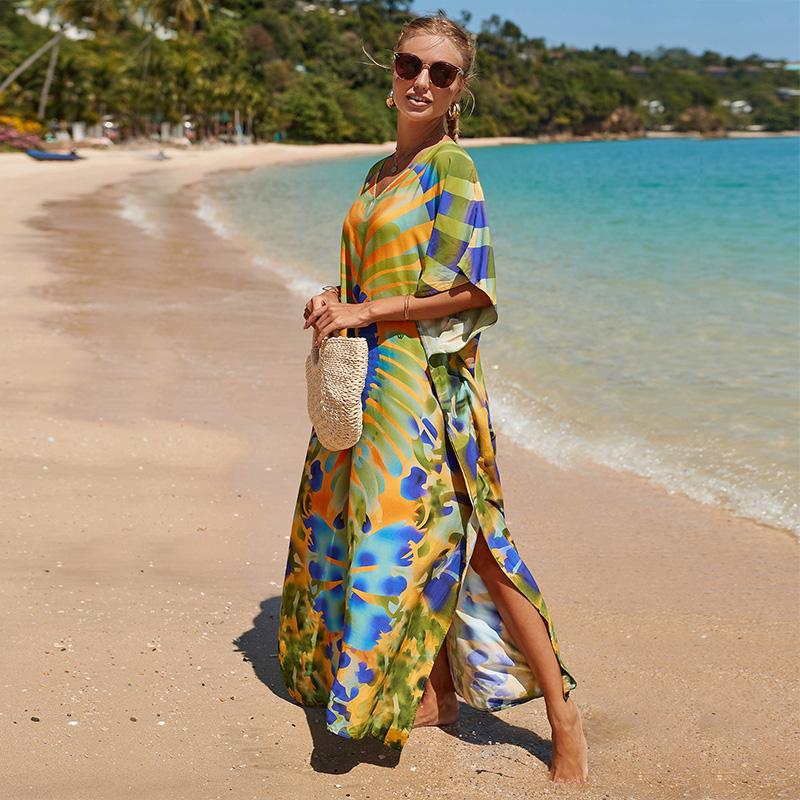 EDOLYNSA Women Elegant Kaftan Dresses Long Plus Size Bathing Suit Cover Up Resort Wear Beach Swimsuit Coverups Loose LoungewearQ1464