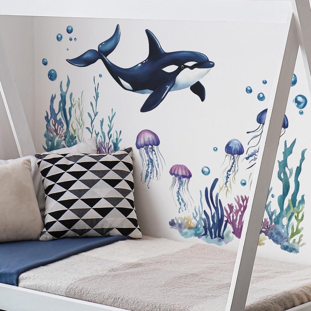 Underwater Whale Seaweed Jellyfish Bathroom Bathtub Wall Sticker Waterproof Home Background Decoration Self-Adhesive