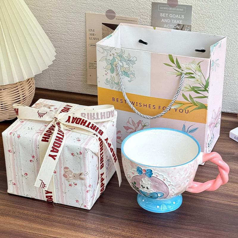 High-value underglaze color relief breakfast oat cup girls large-capacity ceramic mug birthday gift souvenir