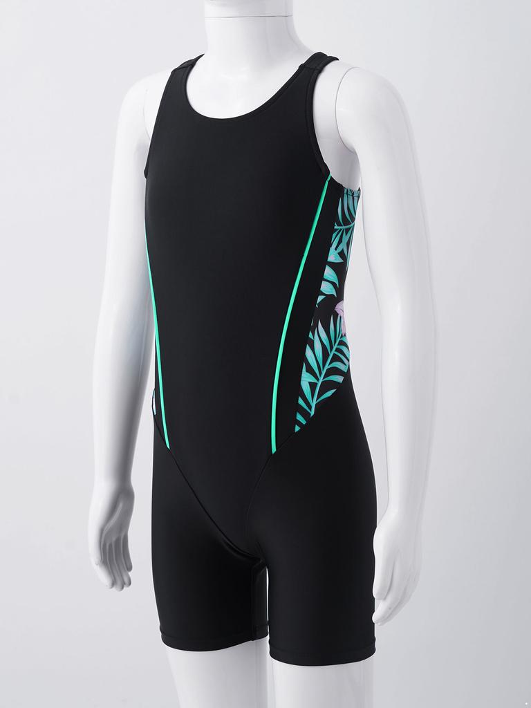 Girls Swim Bodysuit One Piece Swimwear Round Neck Sleeveless Open Back Print Short Jumpsuit Pool Beach Wear