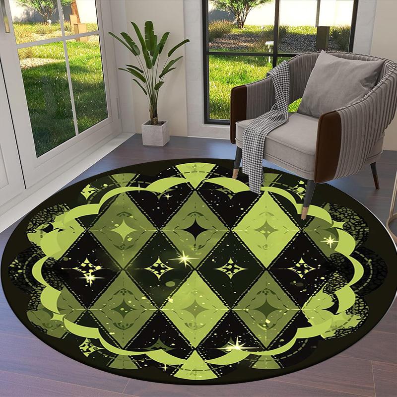 1pc Green and Black Diamond Pattern Round Carpet, Made of Polyester,Perfect for Decorating Office Chairs, Living Rooms,fplt135
