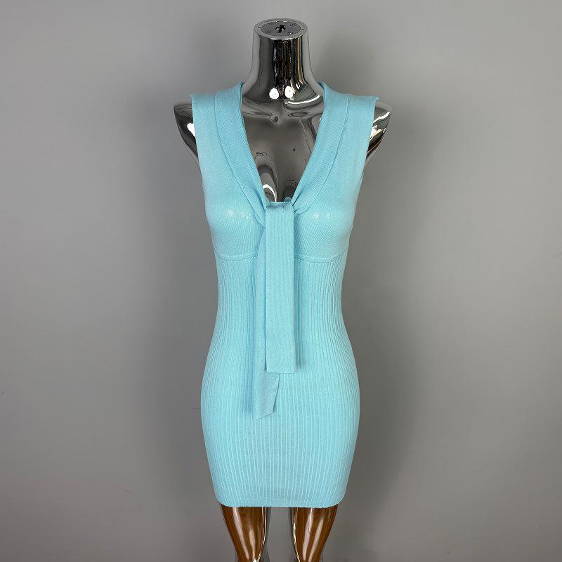 

Korean Dongdaemun Slim Knit Sleeveless Dress with Sashes - Pure Desire Style One Size синій