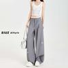 Women's Gray High Waist Wide-Leg Pants with Bow Embroidery