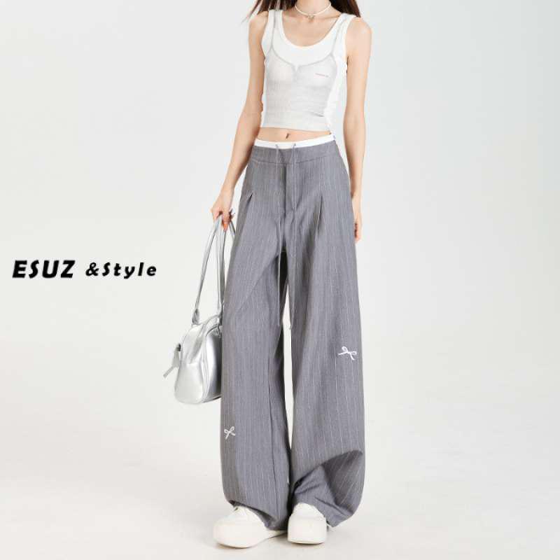 Women's Gray High Waist Wide-Leg Pants with Bow Embroidery