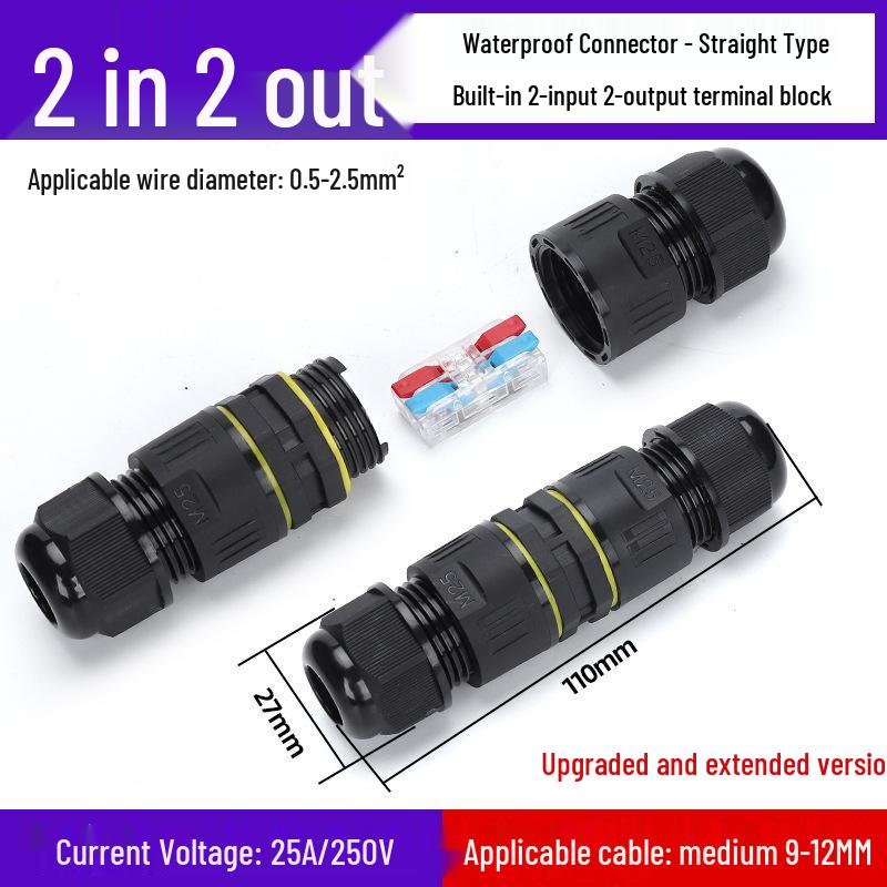 IP68 Waterproof Outdoor Mini Terminal Wire Connector, 2-in 2-out, Rainproof, Buried Cold Press Electrical