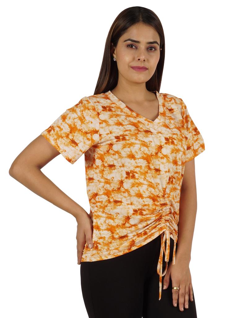 Moomaya Tie Dye Short Sleeve Ruching Tops For Women V-Neck Casual Jersey Tee