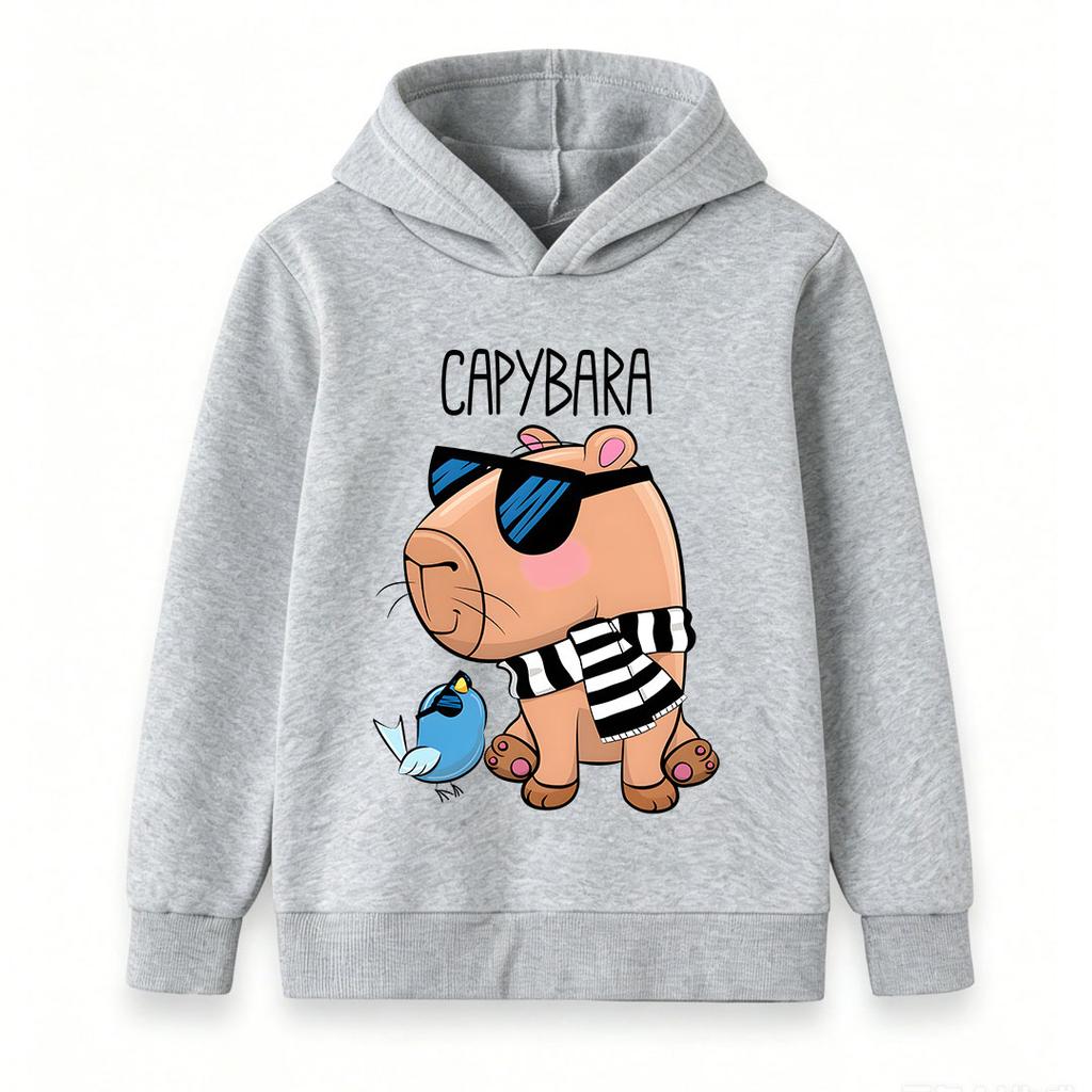 Kids Boys Girls Pullover Hoodie, Cool Capybara Wearing Sunglasses Print Casual Hooded Sweatshirt, Cute Blue Bird Pattern Soft Warm Lightweight Top