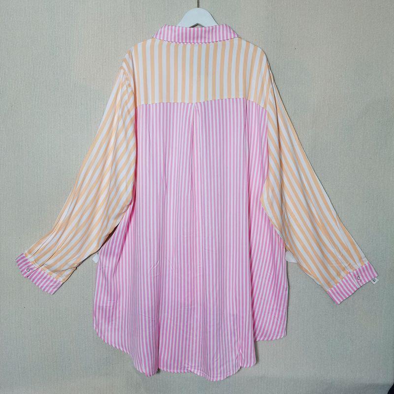 Export Fashion Original Order Front Short Back Length Stripes Patchwork Long Sleeves Shirt Female Mid Length Long Length Plus Size Literary Fan Chun