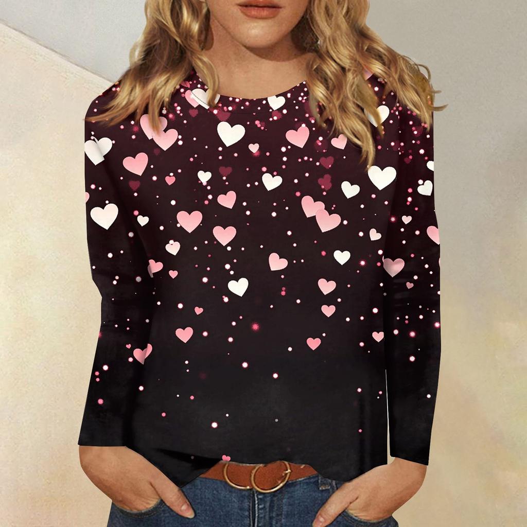 Long Sleeve Shirts For Women Cute Print Graphic Tees Blouses Casual Plus Size Basic Tops Pullover Valentine's Day