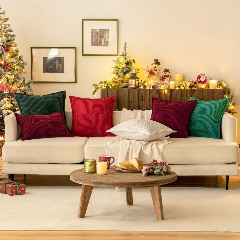 Weihnachts-Cord-Kissenbezüge Boho Dekorativ Rot 18×18 Zoll, Superweicher Kissenbezug Gemütliche Gestreifte Textur Kissenbezug