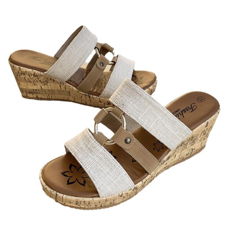 Damen Peep-Toe Plateau Keilsandalen, Sommer Slip-On Schuhe mit dicker Sohle